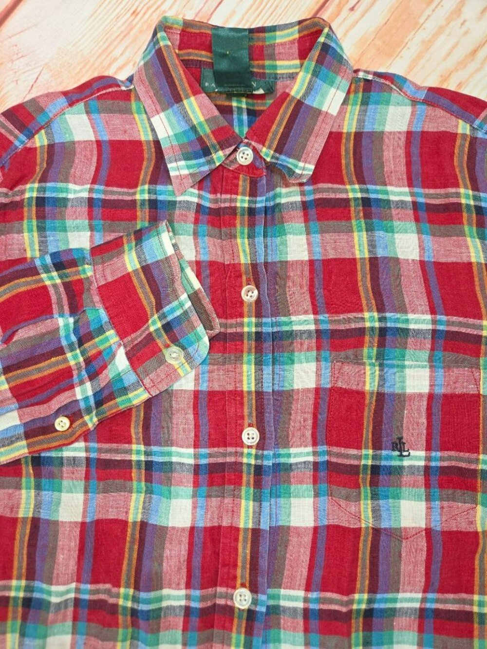 Lauren Ralph Lauren Women Red Plaid Linen Shirt Size Small